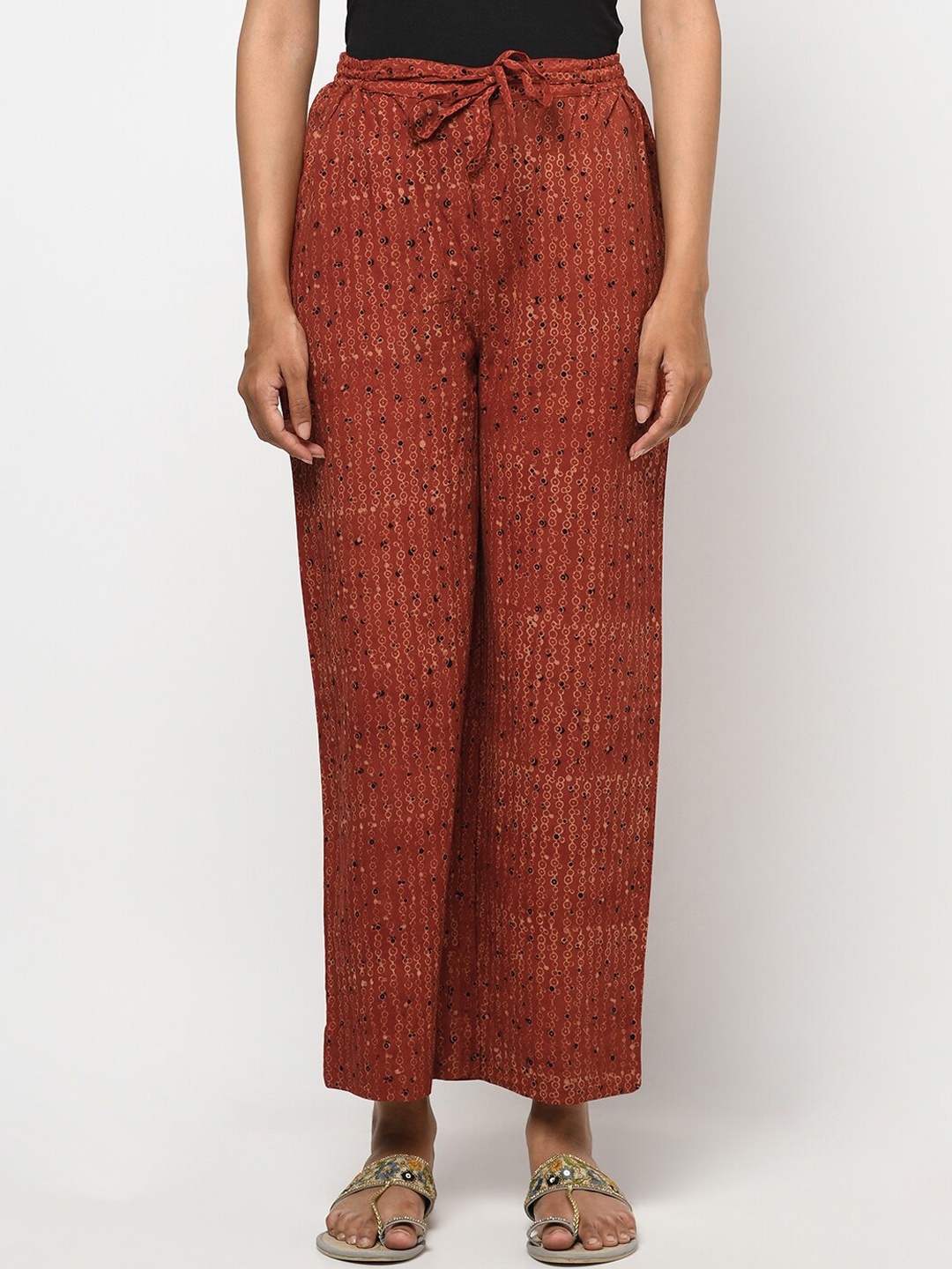 

Fabindia Women Red Ethnic Motifs Printed Parallel Trousers