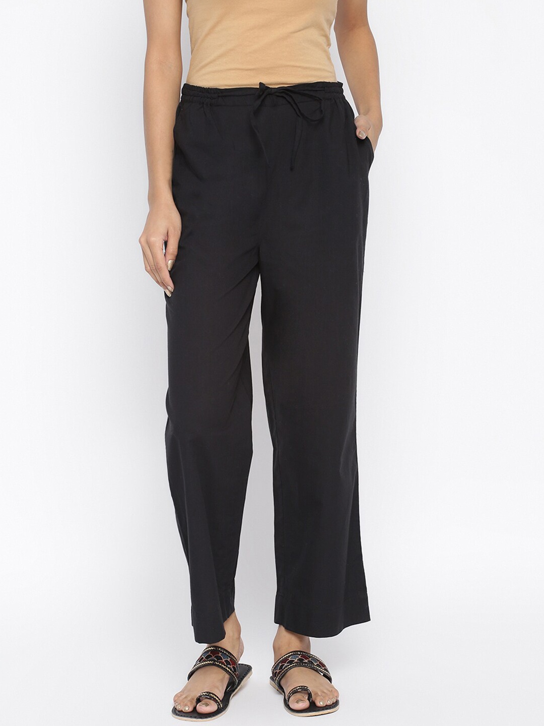 

Fabindia Women Black Cotton Parallel Trousers