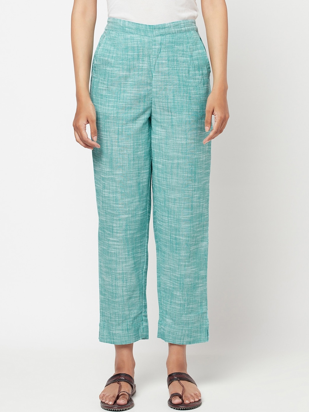 

Fabindia Women Sea Green Parallel Cotton Trousers