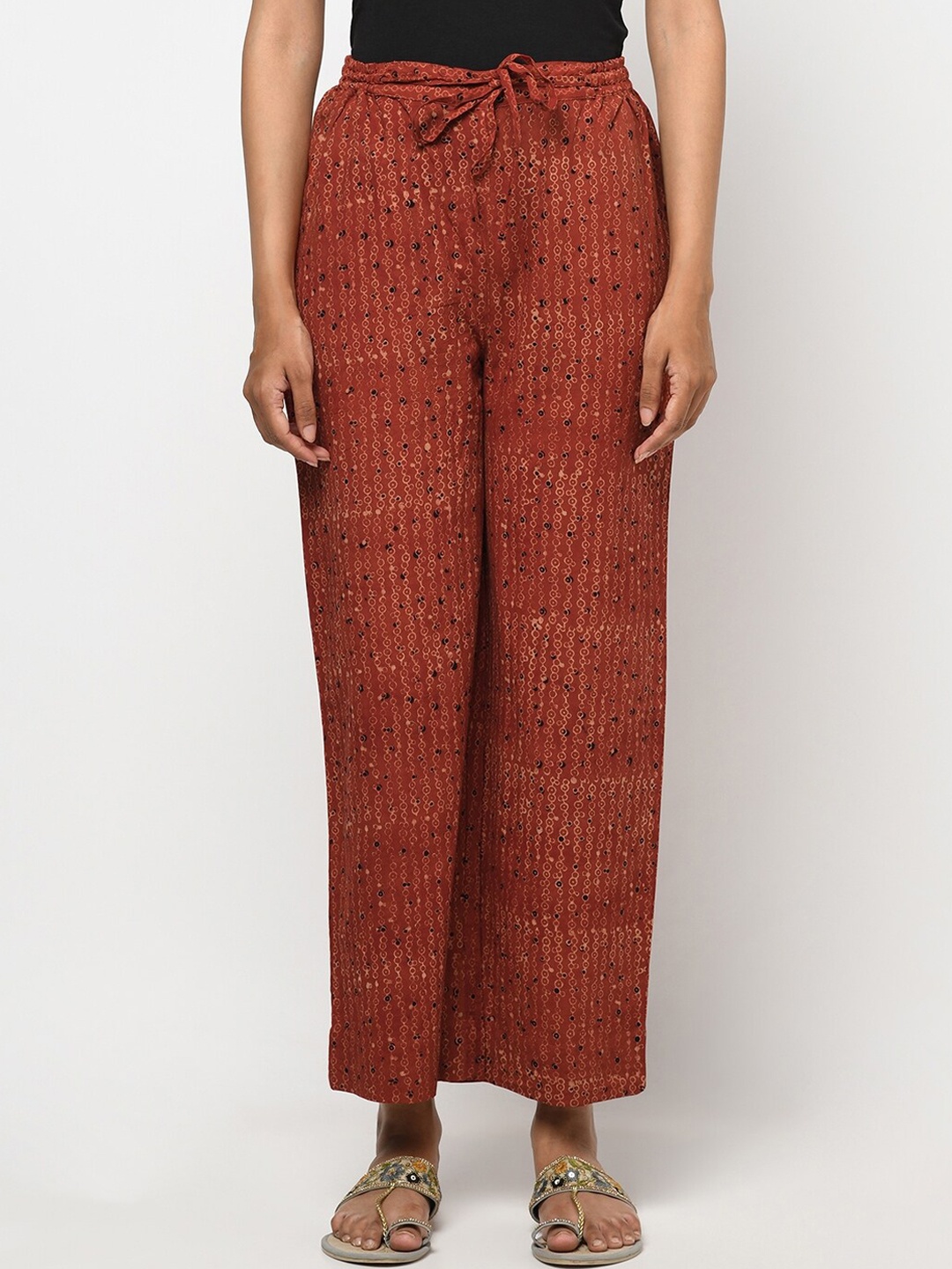 

Fabindia Women Red Ethnic Motifs Printed Parallel Trousers