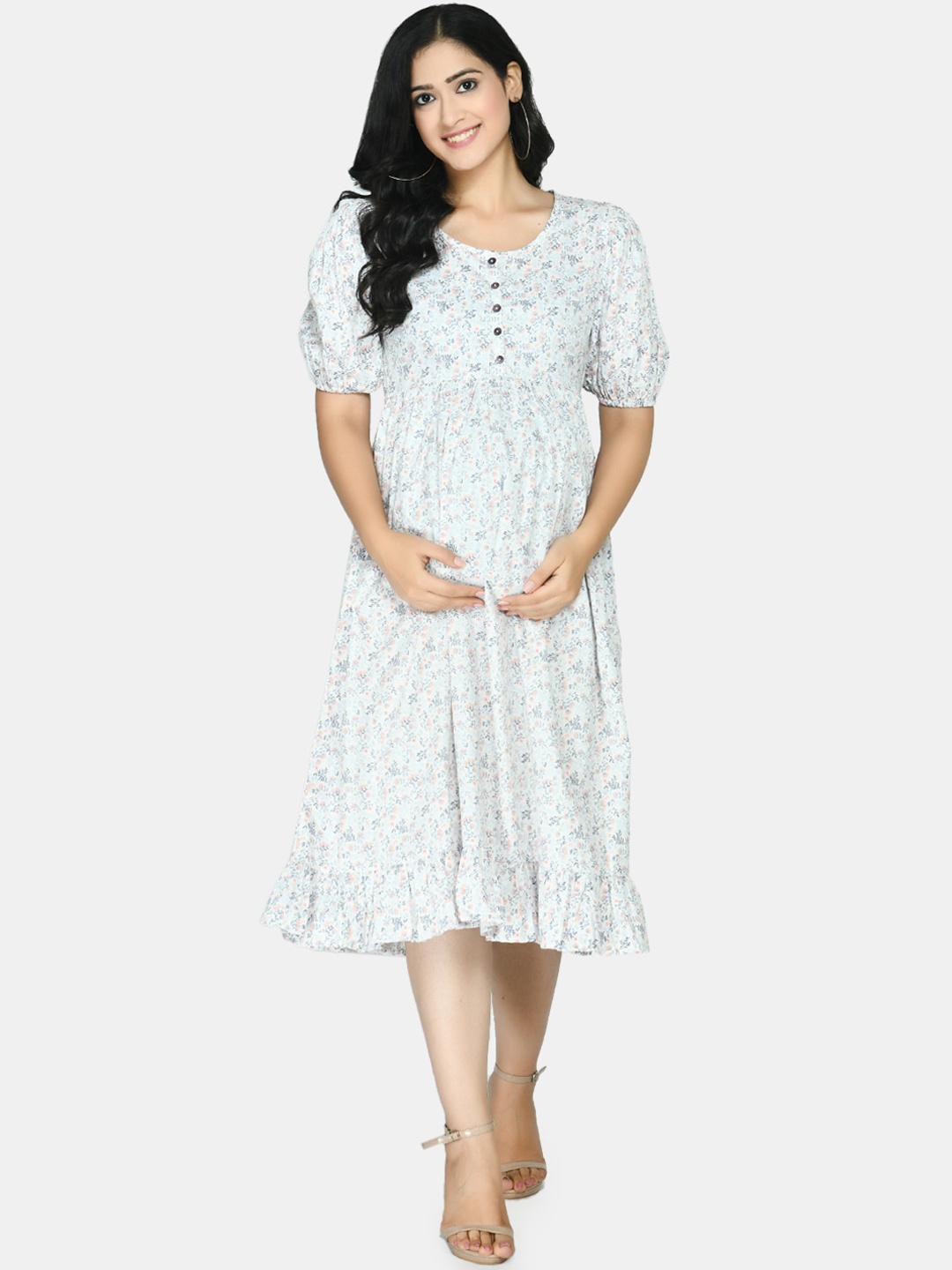 

Aaruvi Ruchi Verma Women White Floral Maternity A-Line Midi Dress