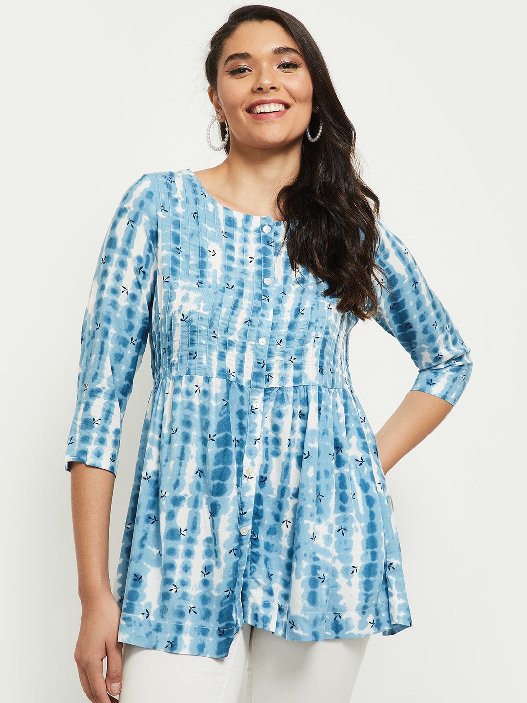 

max Blue & White Tie and Dye Georgette A-Line Top
