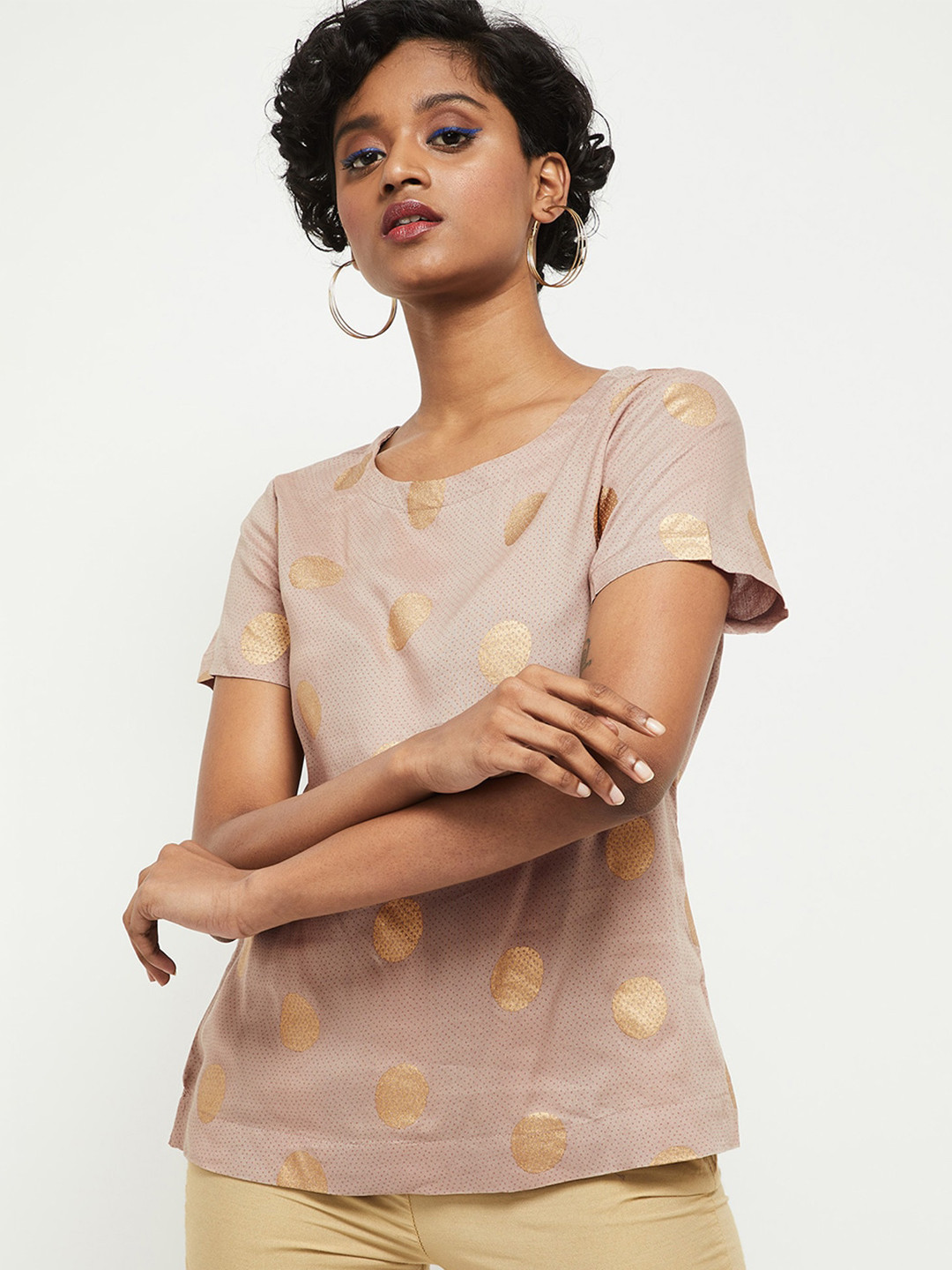 

max Beige & Gold-Toned Printed Round Neck Georgette A-Line Top