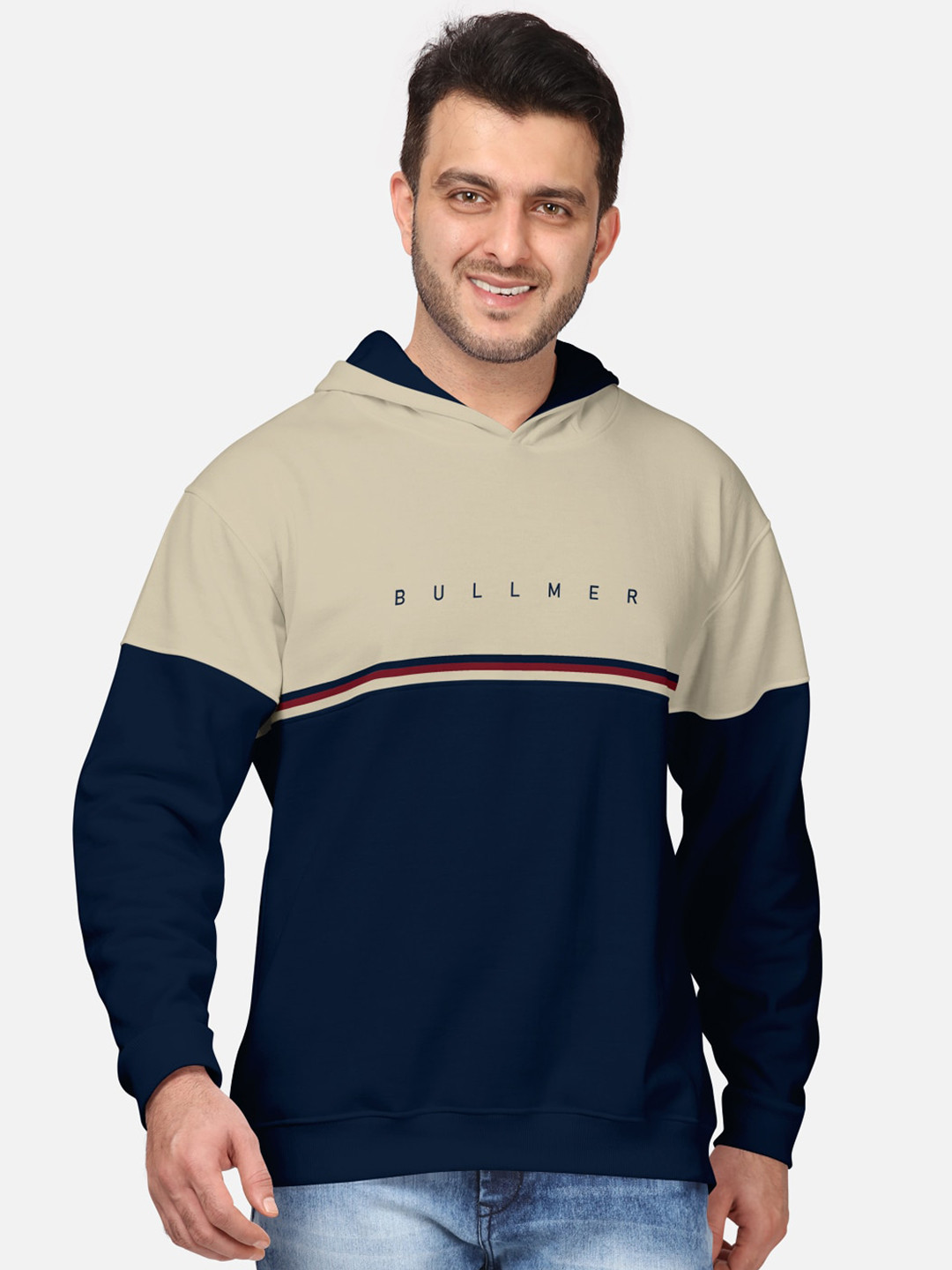

BULLMER Men Navy Blue Colourblocked Hooded Sweatshirt