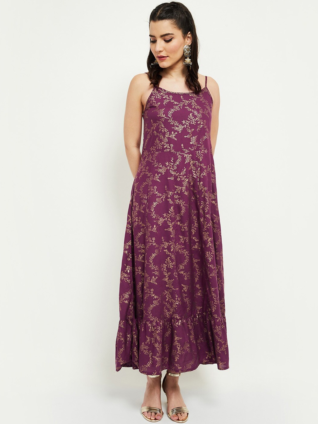 

max Women Purple Floral Embroidered Puff Sleeves Layered Anarkali Kurta