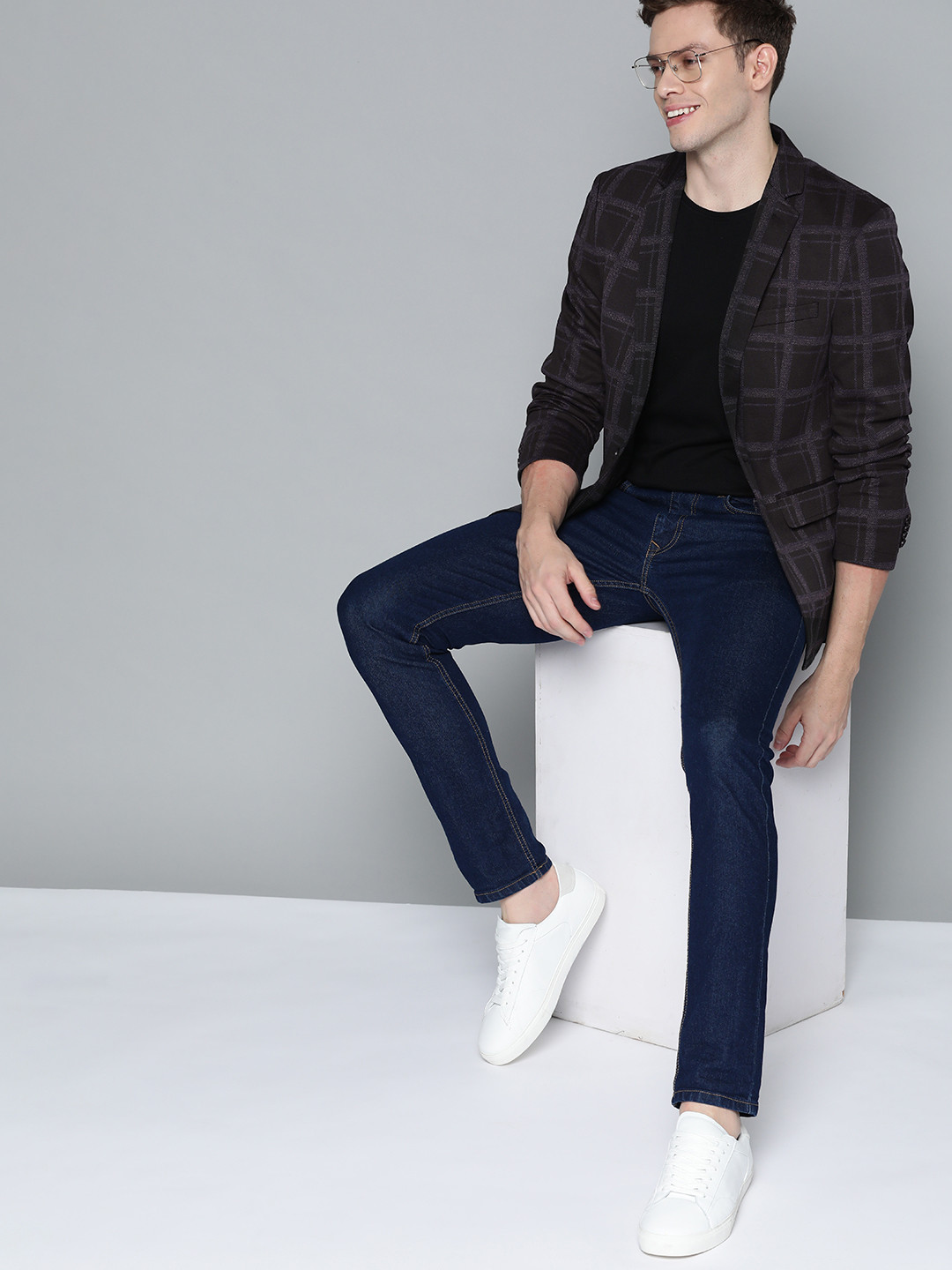 

Mast & Harbour Men Black & Purple Checked Single-Breasted Blazer