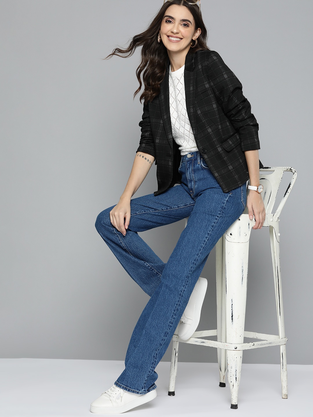 

Mast & Harbour Women Black & White Checked Regular Fit Single-Breasted Blazer