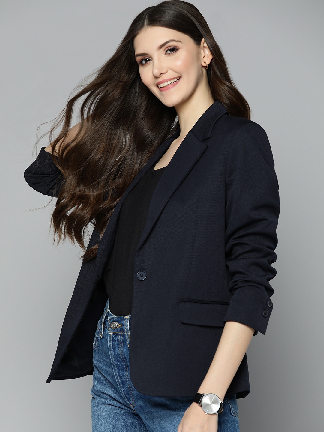 

Mast & Harbour Women Navy Blue Solid Regular Fit Single Breasted Blazer
