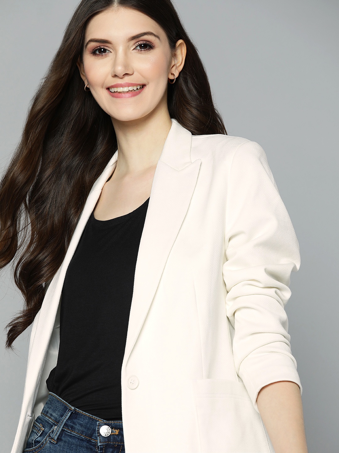 

Mast & Harbour Women Off-White Solid Regular Fit Single-Breasted Blazer