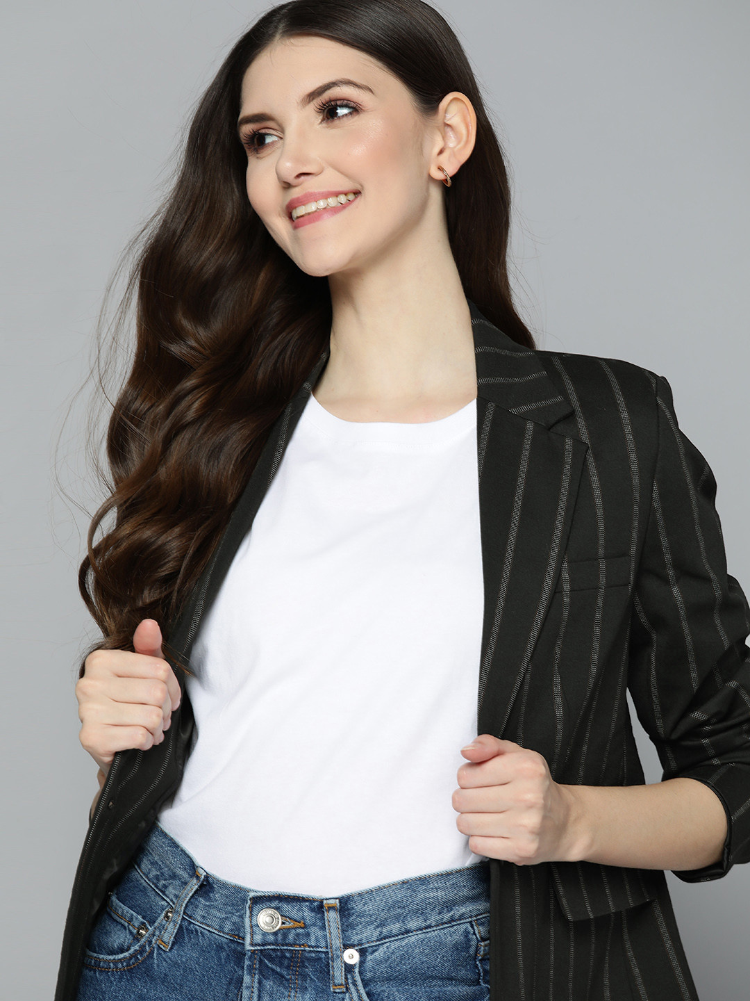 

Mast & Harbour Women Black Striped Regular Fit Single-Breasted Blazer