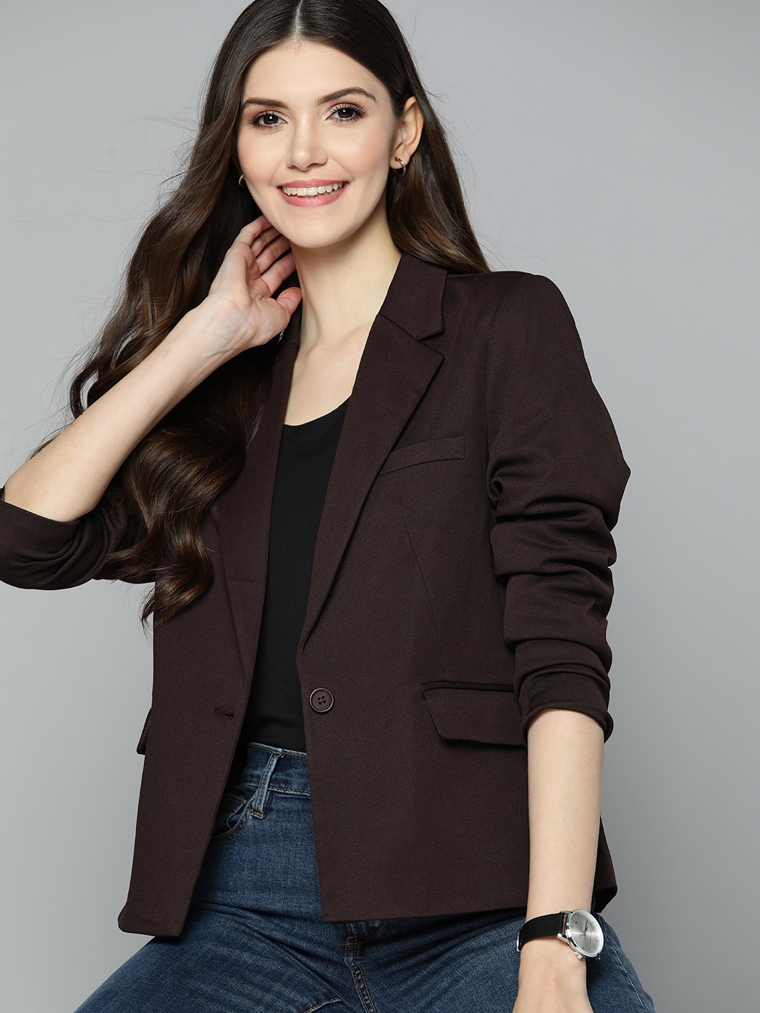

Mast & Harbour Women Burgundy Solid Boyfriend Fit Single Breasted Blazer
