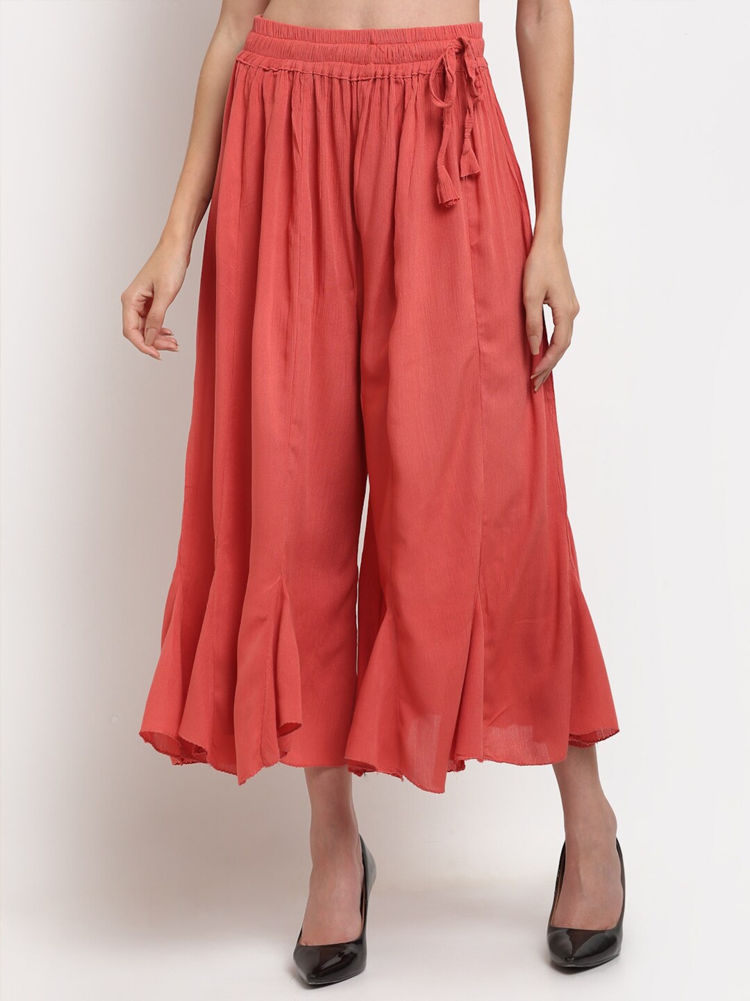 

TAG 7 Women Peach-Coloured Cropped Flared Palazzos
