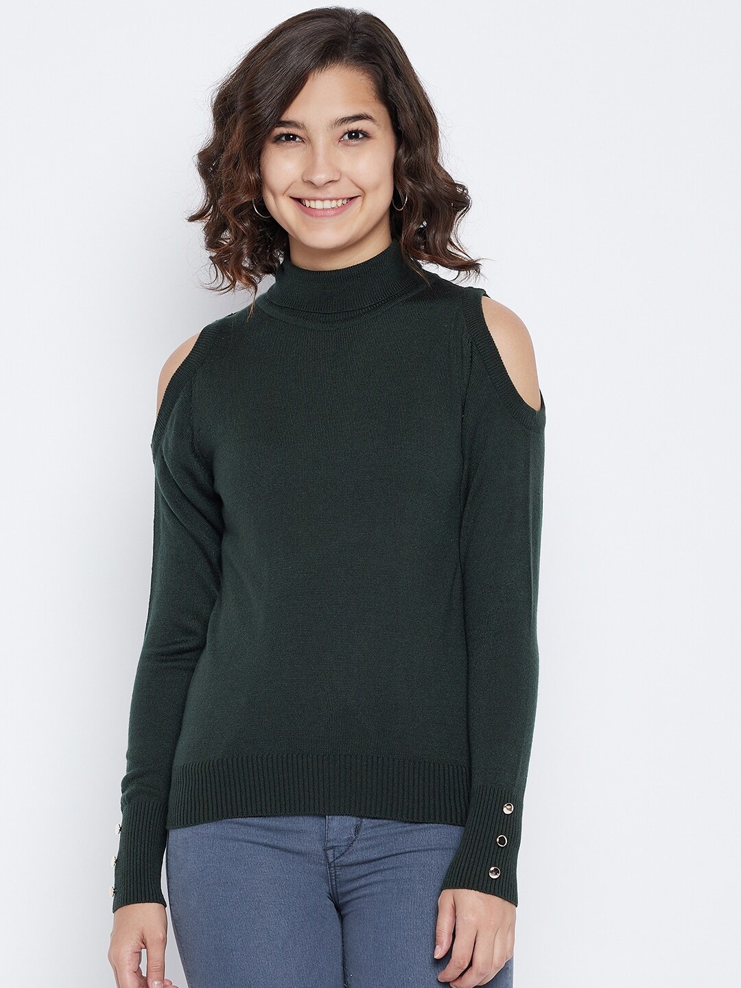 

Octave Women Olive Green Ribbed Cold-Shoulder Turtle Neck Pullover