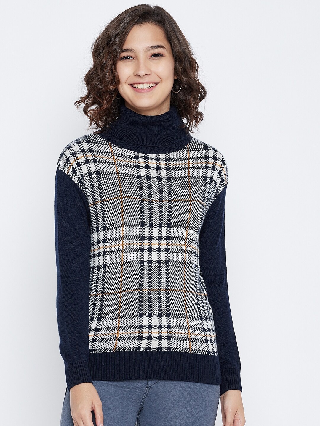 

Octave Women Navy Blue & White Checked Jacquard Pullover