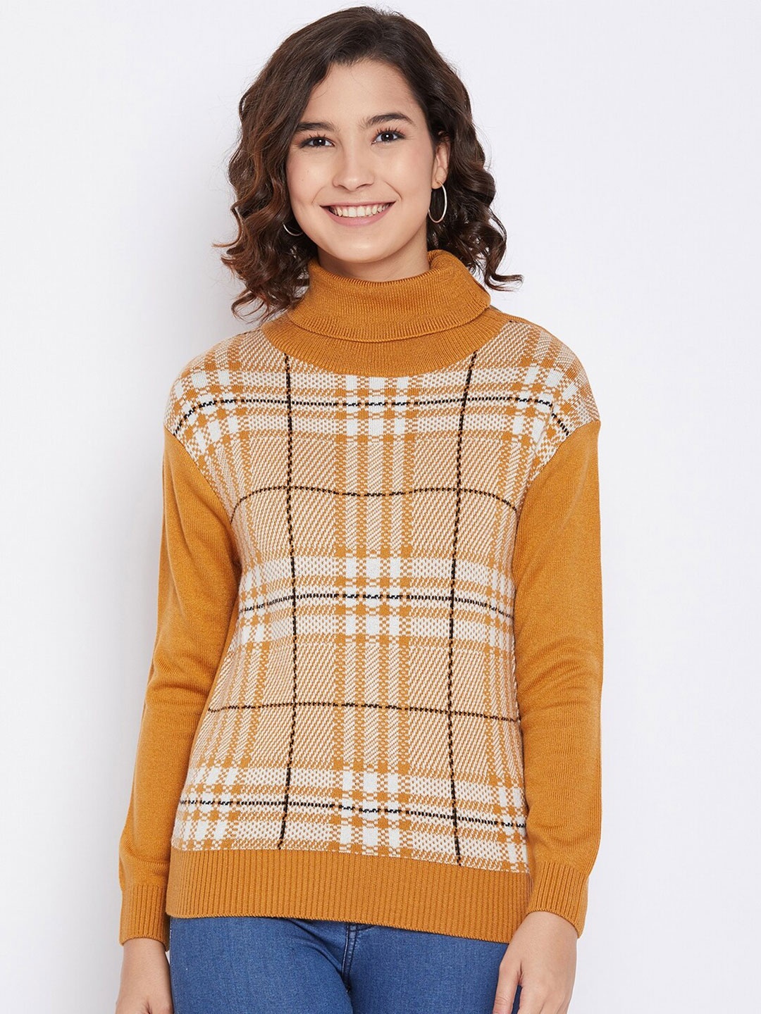 

Octave Women Mustard & White Checked Pullover