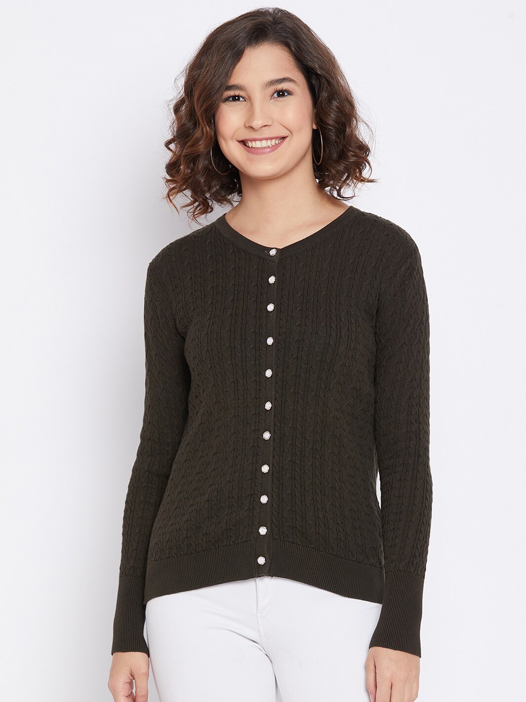 

Octave Women Olive Green Cable Knit Cardigan