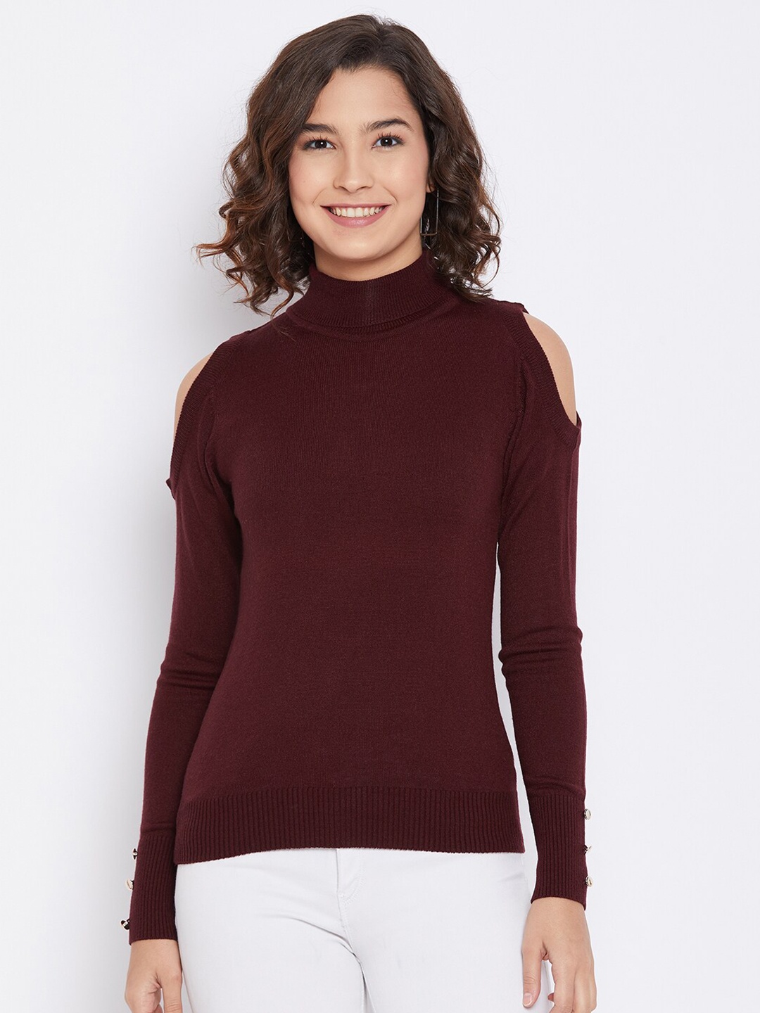 

Octave Women Maroon Ribbed Cold-Shoulder Turtle Neck Pullover