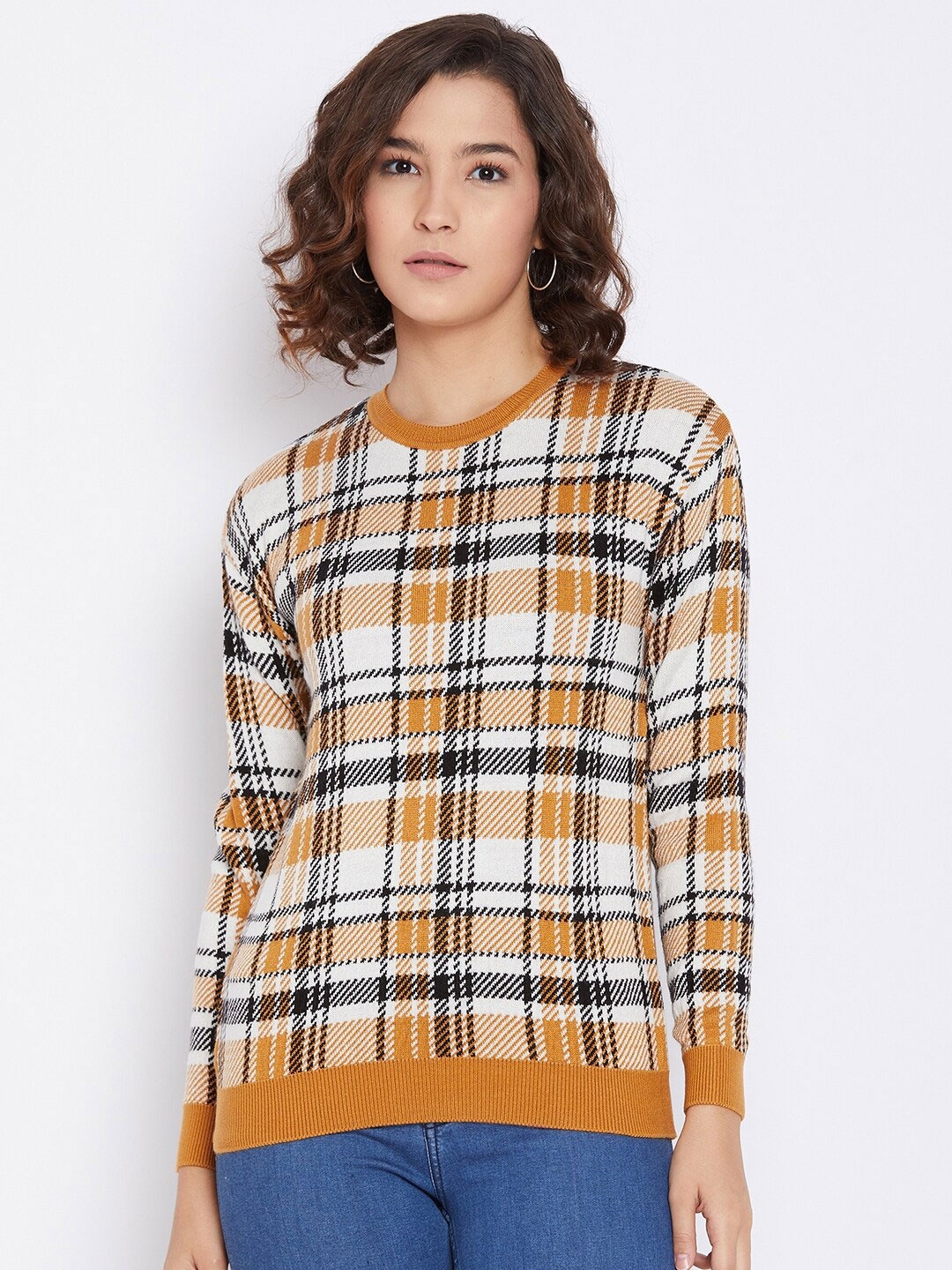 

Octave Women Mustard & Black Jacquard Checked Pullover