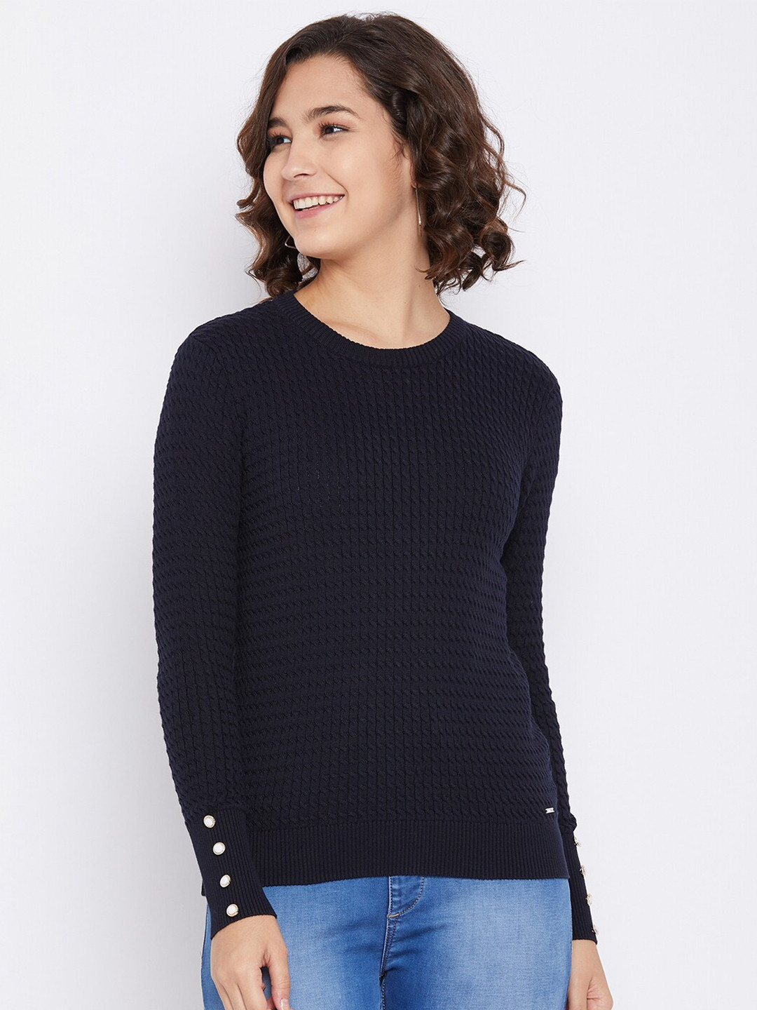

Octave Women Navy Blue Knitted Cotton Pullover