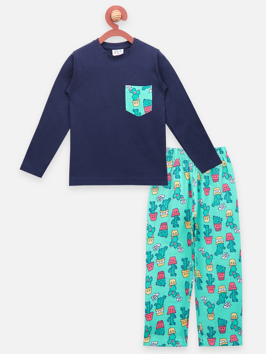 

LilPicks Boys Navy Blue & Green Cactus Printed Pure Cotton Night suit