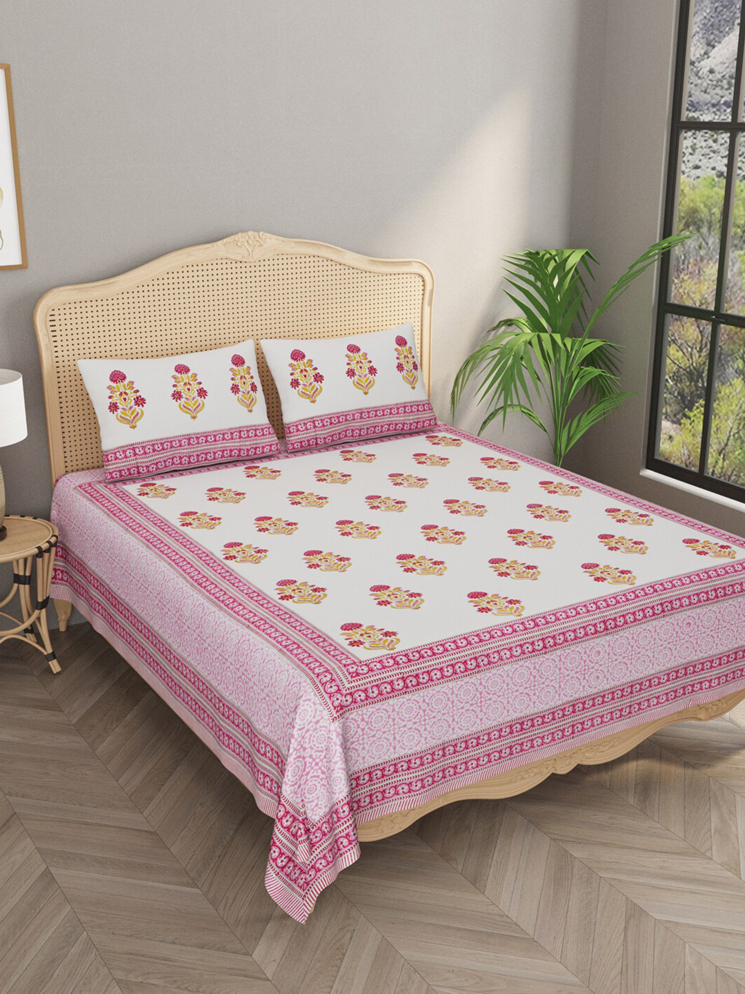 

Gulaab Jaipur White & Pink Ethnic Motifs Handblock Printed 600 TC King Bedsheet with 2 Pillow Covers