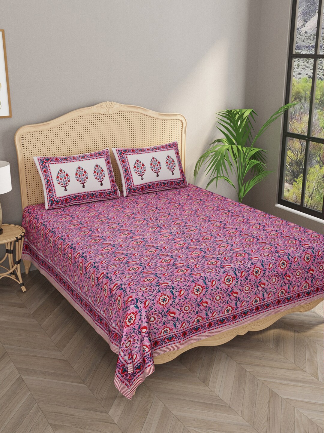 

Gulaab Jaipur Pink & Blue Ethnic Motifs Handblock Printed 600 TC King Bedsheet with 2 Pillow Covers