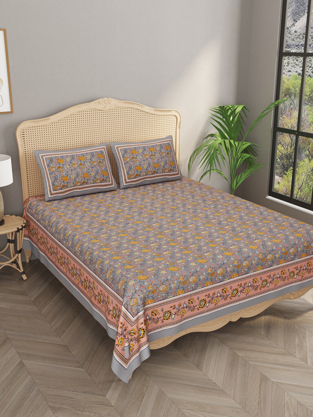 

Gulaab Jaipur Grey & Yellow Ethnic Motifs 600 TC King Bedsheet with 2 Pillow Covers