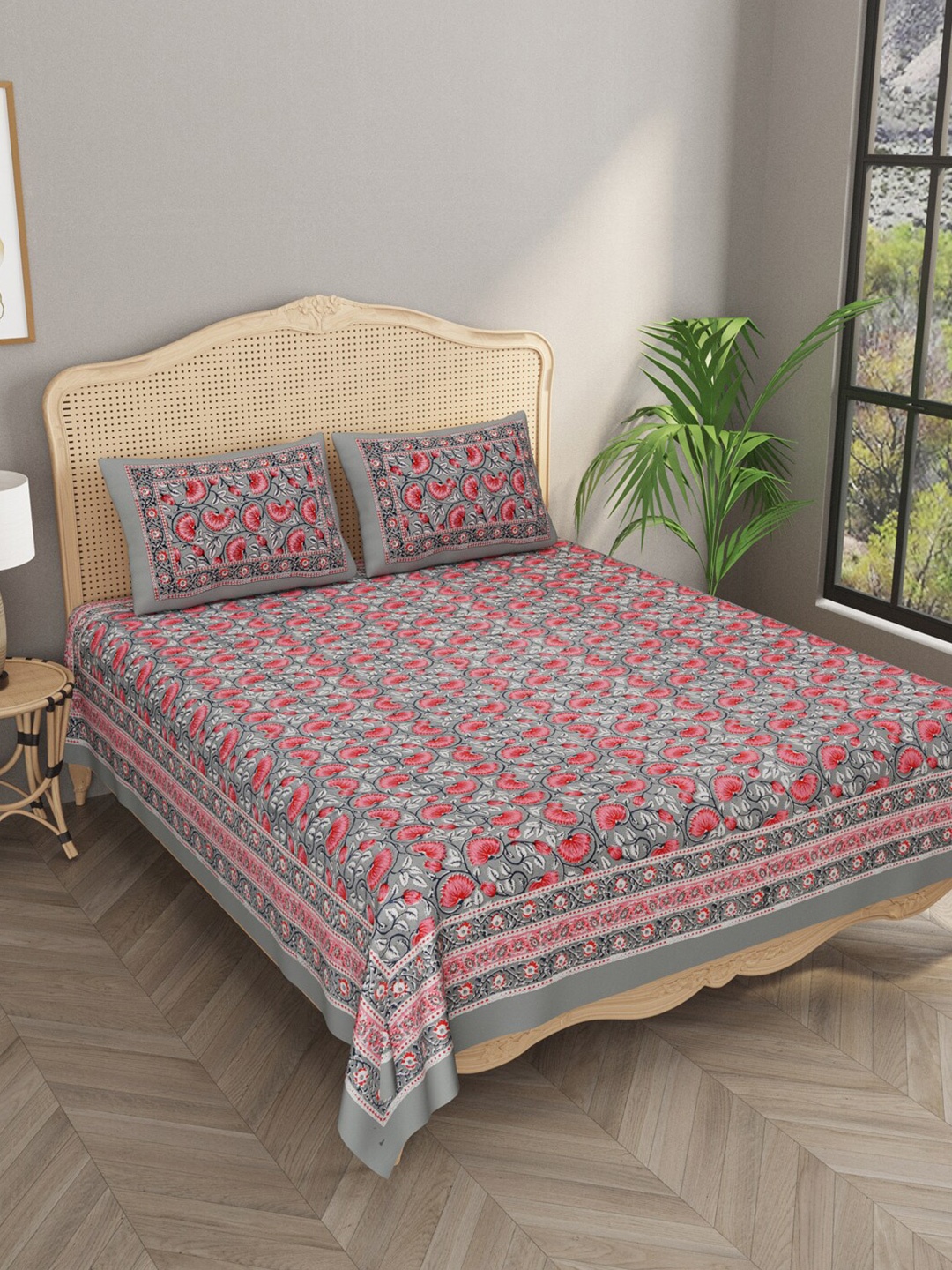 

Gulaab Jaipur Pink & Grey Ethnic Motifs Handblock Printed Printed 600 TC King Bedsheet with 2 Pillow Covers