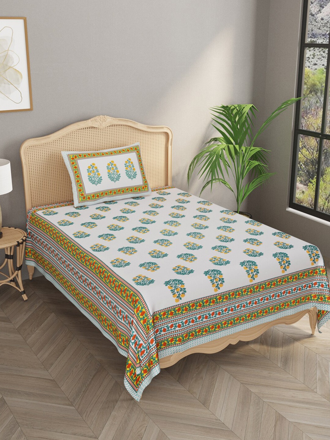

Gulaab Jaipur Green & White Floral 600 TC Single Bedsheet with 1 Pillow Covers