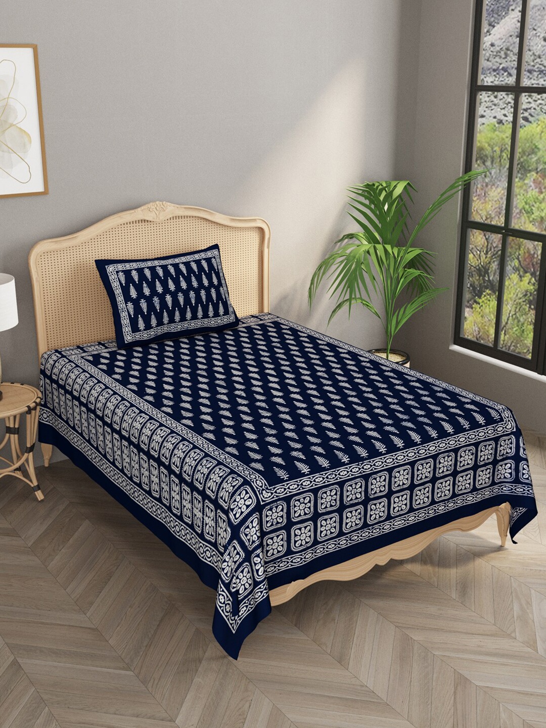 

Gulaab Jaipur Indigo Hand Block Printed 600 TC Single Bedsheet with 1 Pillow Covers, Blue