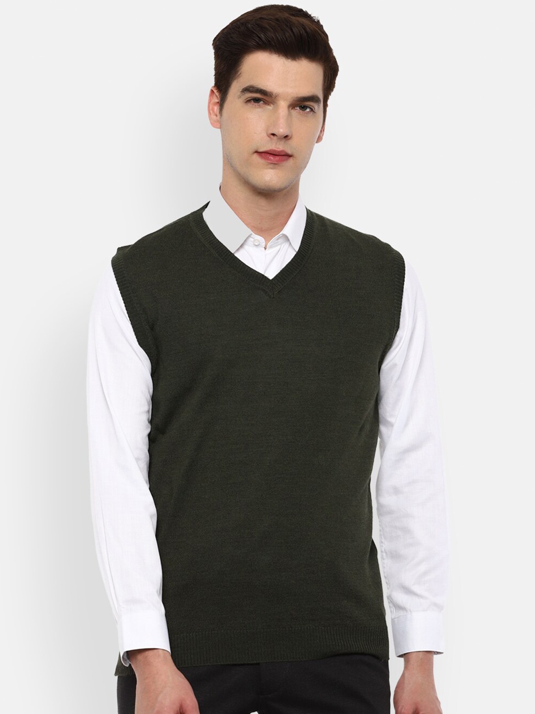 

Van Heusen Men Olive Green Solid Acrylic Sweater