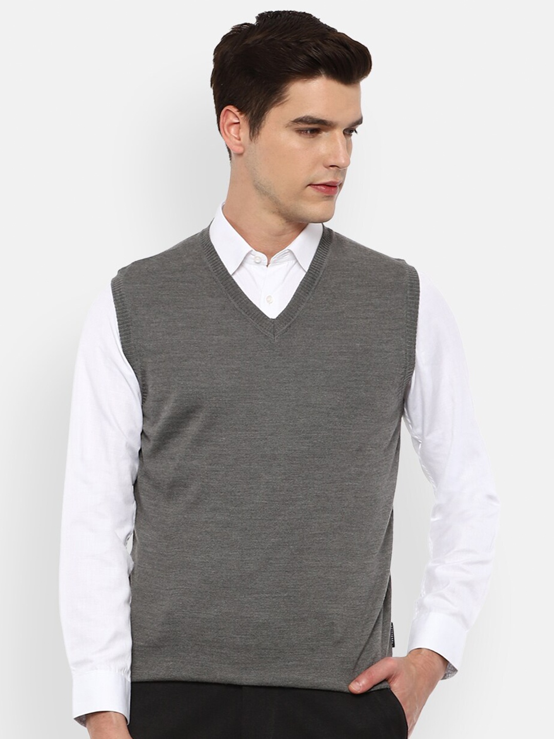 

Van Heusen Men Grey Melange Solid Sweater Vest