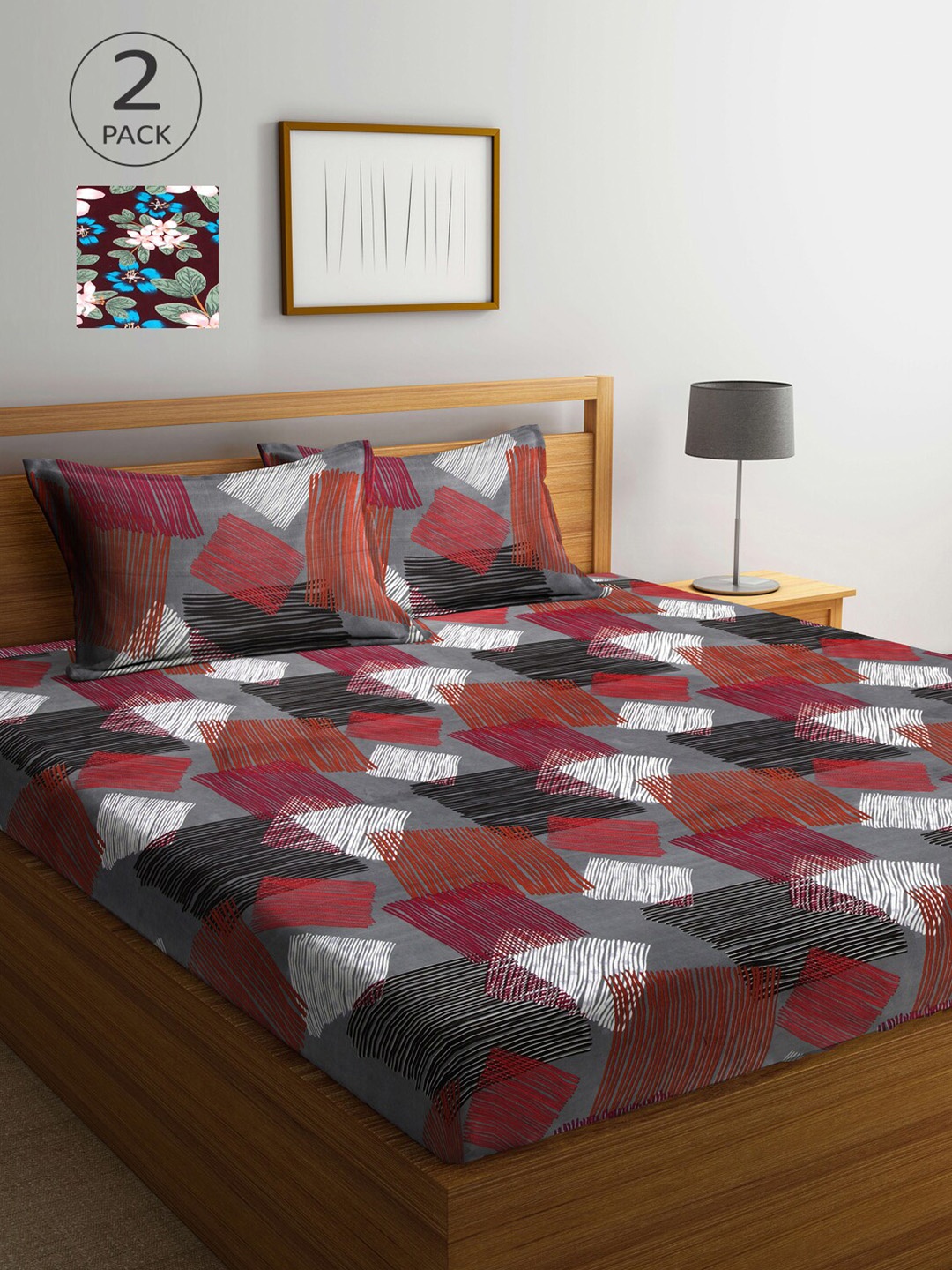 

Arrabi Multicoloured Geometric 300 TC 2 King Bedsheet with 4 Pillow Covers, Multi