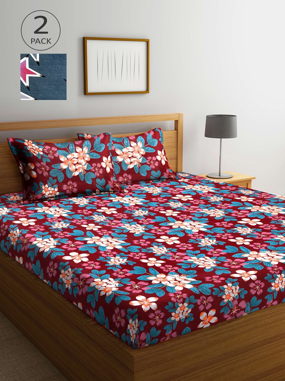 

Arrabi Maroon & Grey Floral 300 TC 2 King-Size Bedsheets with 4 Pillow Covers