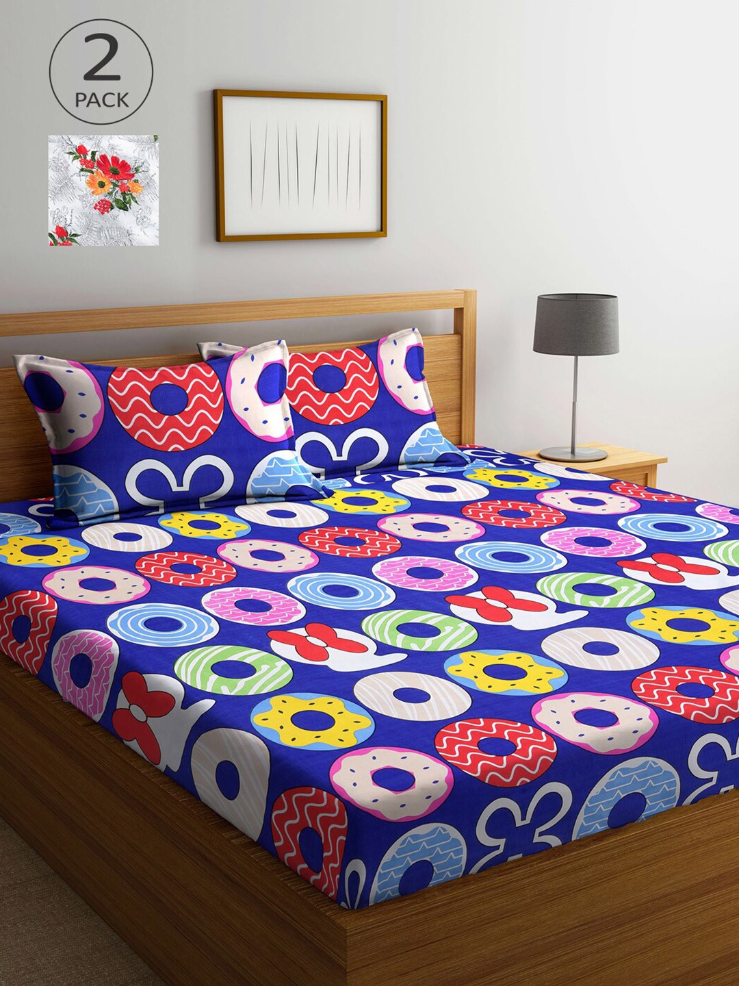 

Arrabi Grey & Blue Graphic 300 TC 2 King Bedsheet with 4 Pillow Covers