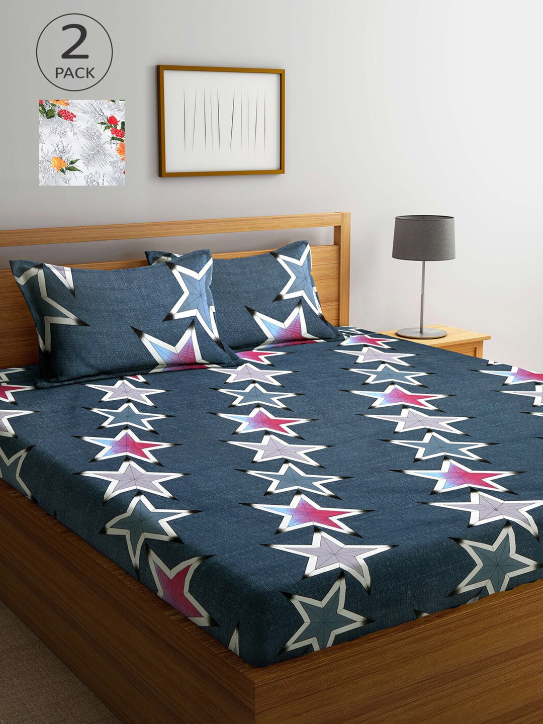 

Arrabi Multicoloured Graphic 300 TC 2 King Bedsheet with 4 Pillow Covers, Multi