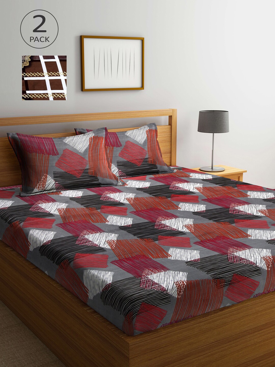 

Arrabi Grey & Brown Geometric 300 TC 2 King Bedsheet with 4 Pillow Covers