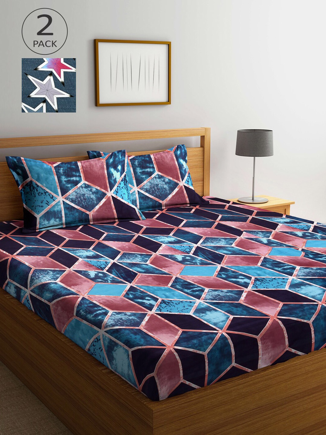 

Arrabi Multicoloured Geometric 300 TC 2 King Bedsheet with 4 Pillow Covers, Multi