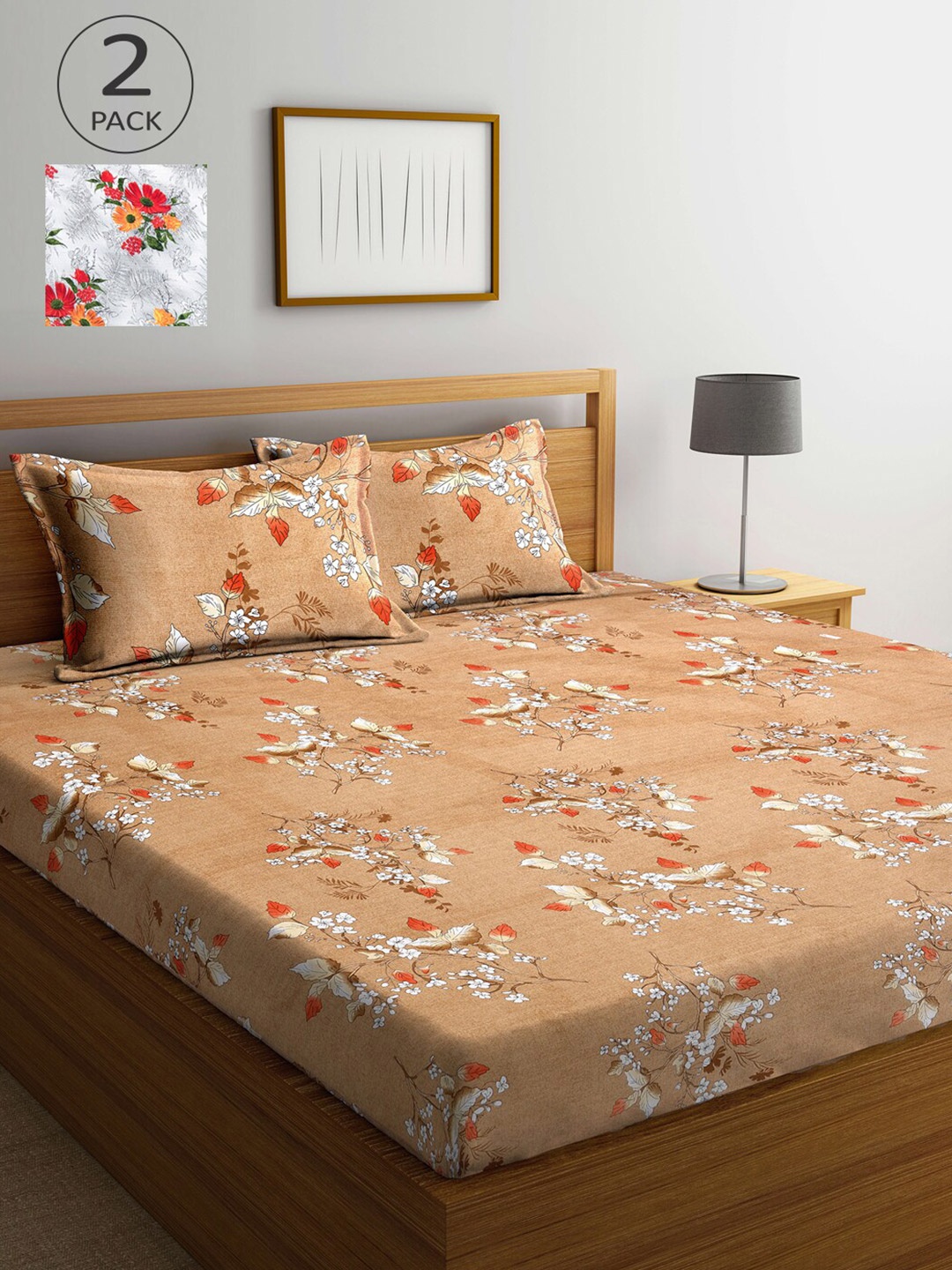 

Arrabi Beige & Grey Floral 300 TC 2 King Bedsheet with 4 Pillow Covers