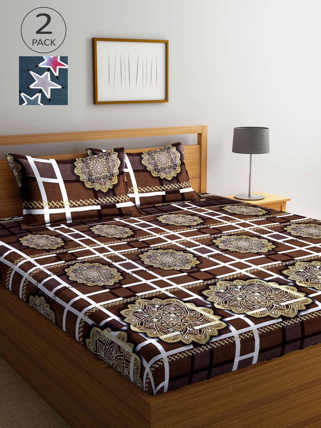 

Arrabi Grey & Brown Ethnic Motifs 300 TC 2 King-Size Bedsheets with 4 Pillow Covers