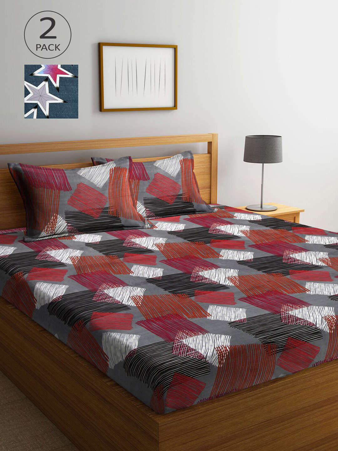 

Arrabi Multicoloured Geometric 300 TC 2 King Bedsheet with 4 Pillow Covers, Multi
