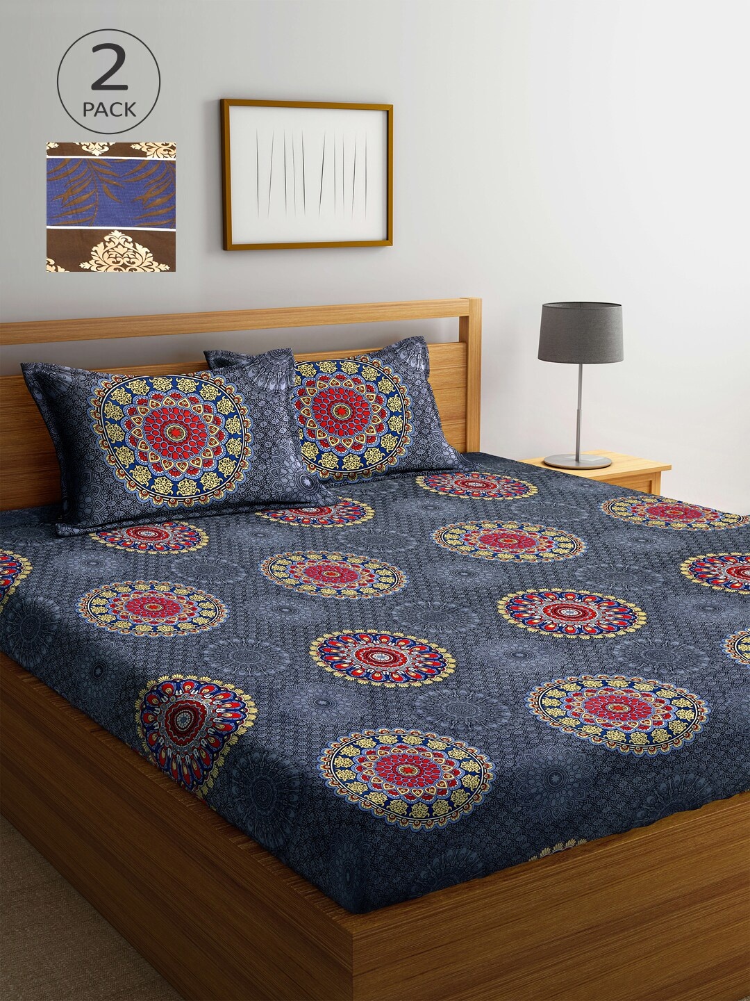

Arrabi Grey & Blue Ethnic Motifs 300 TC 2 King Bedsheet with 4 Pillow Covers