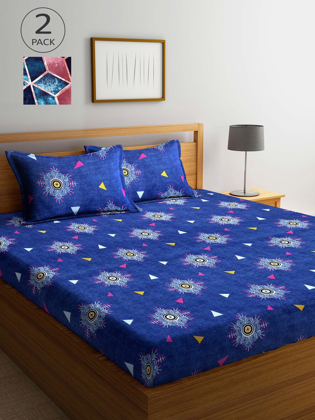 

Arrabi Multicoloured Geometric 300 TC 2 King Bedsheet with 4 Pillow Covers, Multi