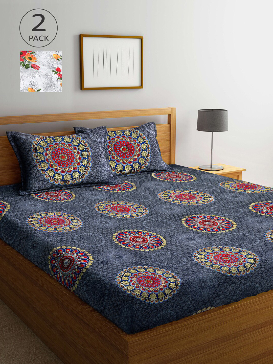 

Arrabi Multicoloured Ethnic Motifs 300 TC 2 King Bedsheet with 4 Pillow Covers, Multi