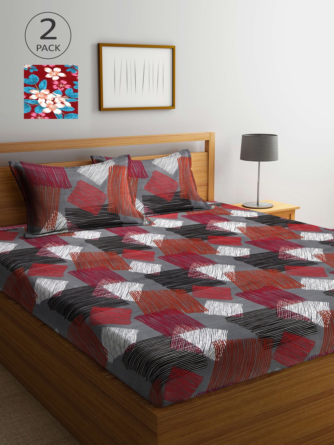 

Arrabi Grey & Maroon Floral 300 TC 2 King Bedsheet with 4 Pillow Covers