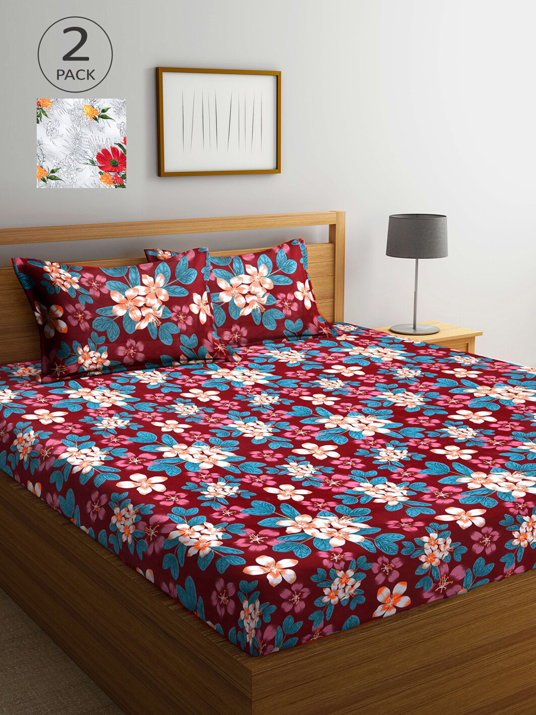 

Arrabi Grey & Maroon Floral 300 TC 2 King Bedsheet with 4 Pillow Covers