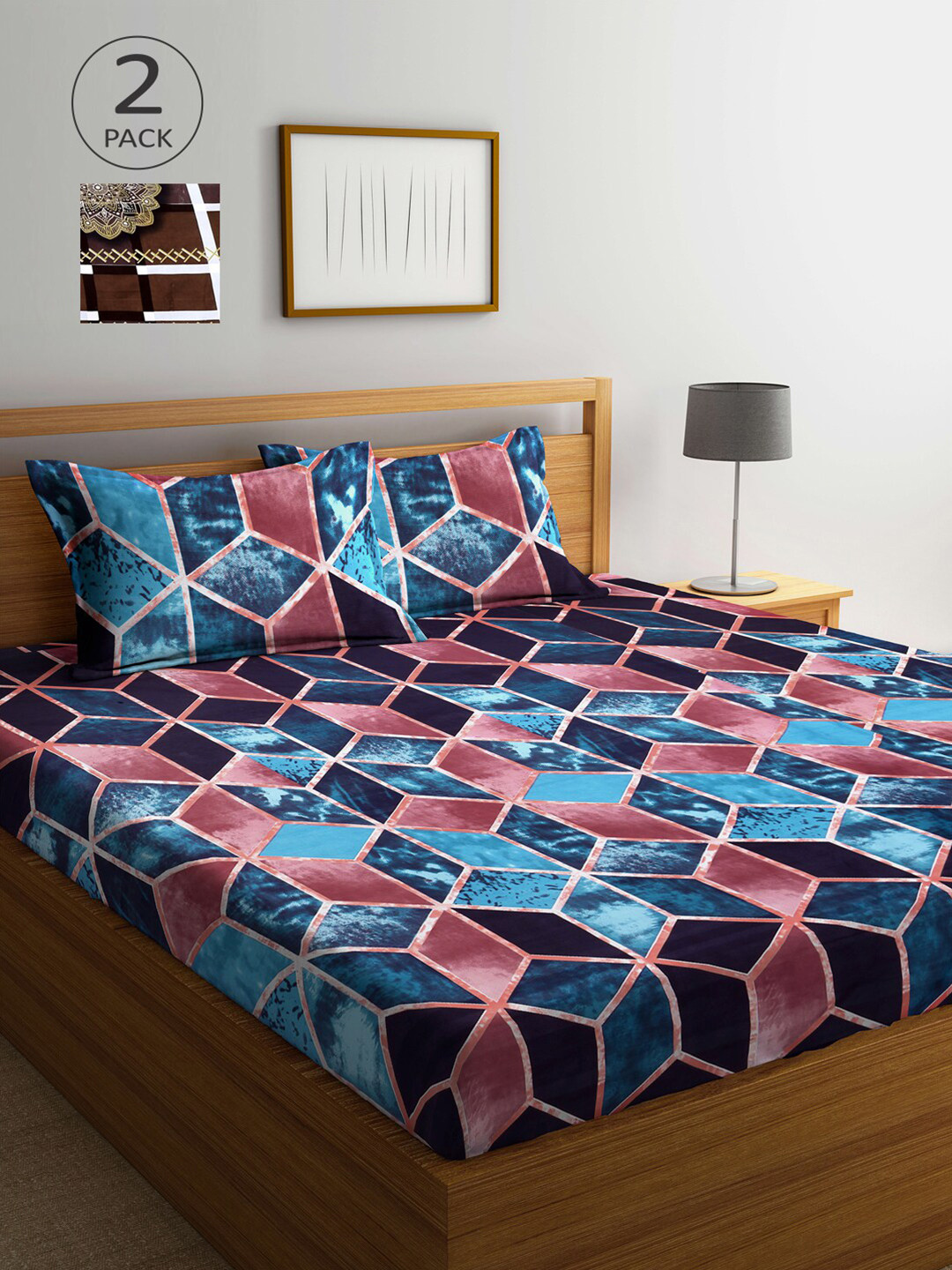 

Arrabi Multicoloured Geometric 300 TC 2 King Bedsheet with 4 Pillow Covers, Multi