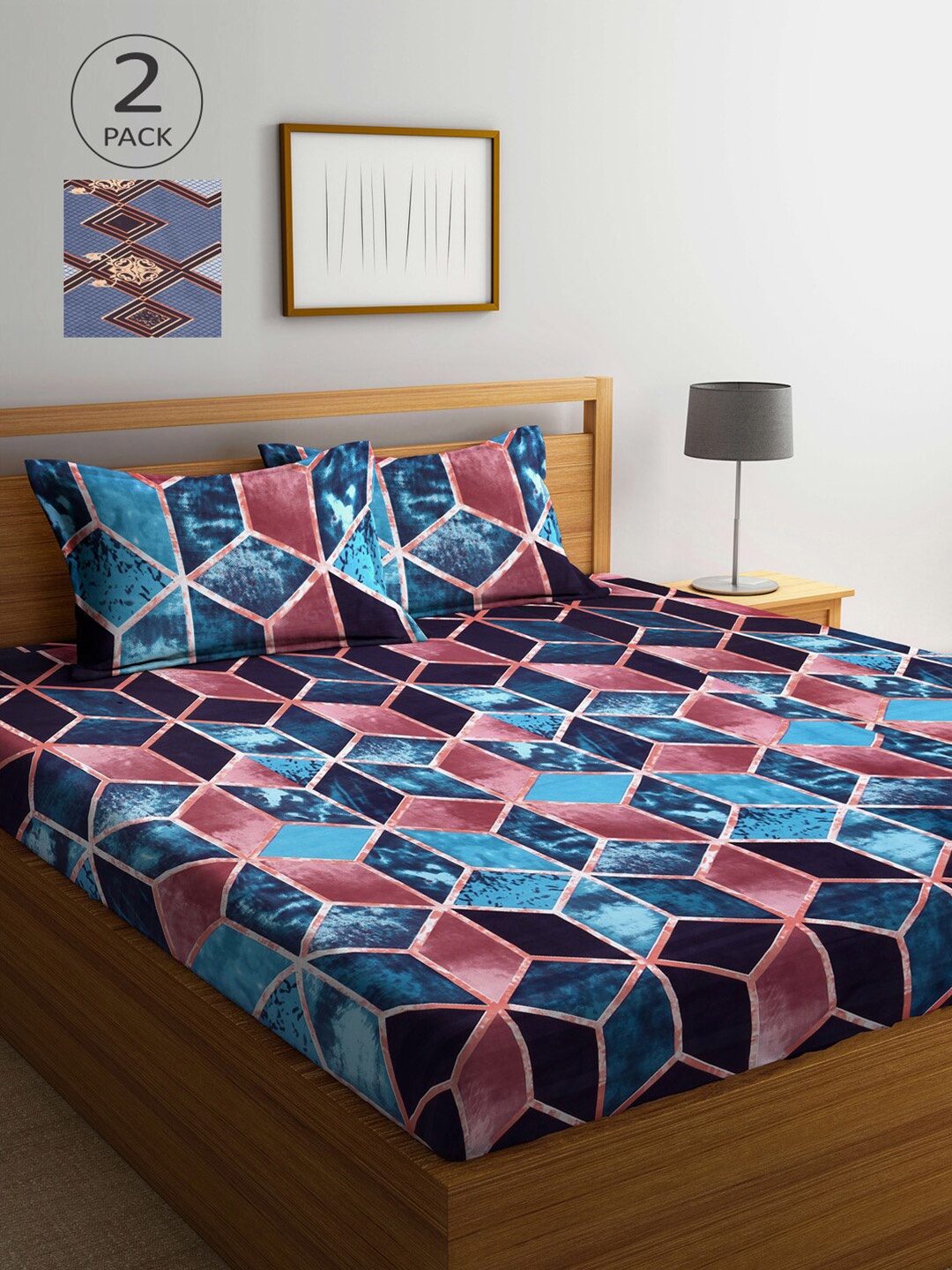 

Arrabi Multicoloured Geometric 300 TC 2 King Bedsheet with 4 Pillow Covers, Multi