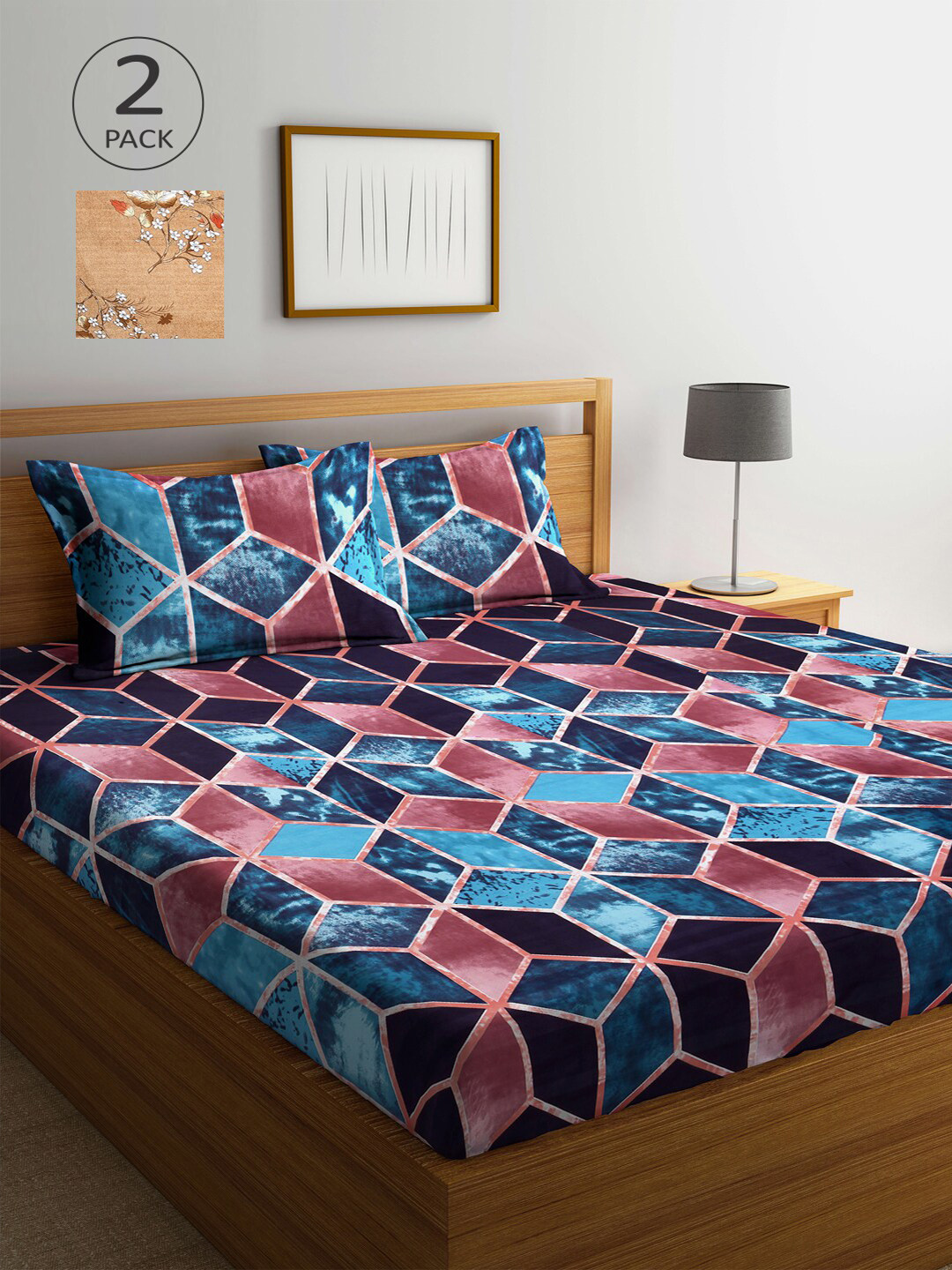 

Arrabi Multicoloured Geometric 300 TC 2 Cotton King Bedsheet with 4 Pillow Covers, Multi
