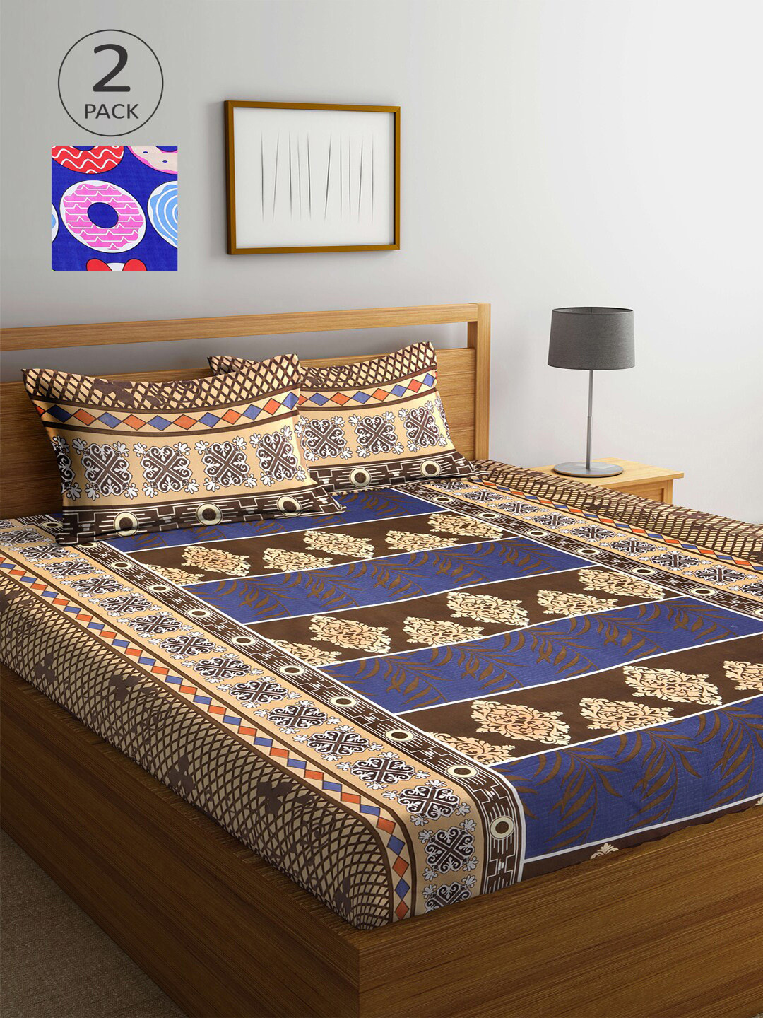 

Arrabi Blue & Brown Geometric 300 TC 2 King Bedsheet with 4 Pillow Covers
